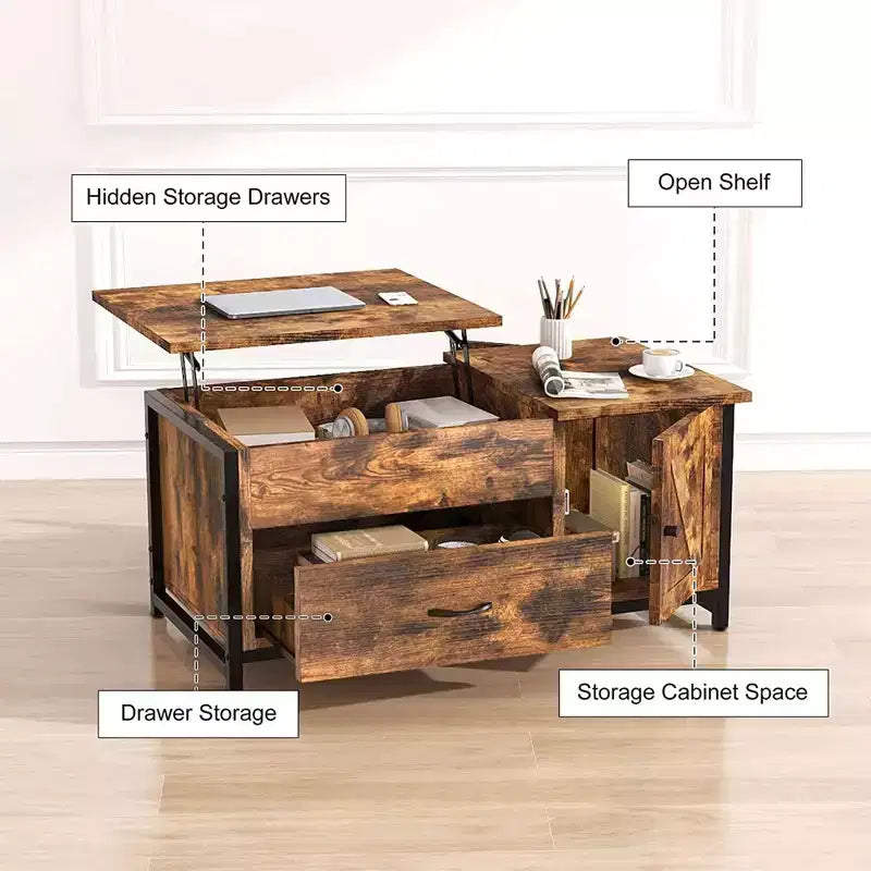 Lift Top Coffee Table with Hidden Storage, Drawers & Side Cabinet – Brown