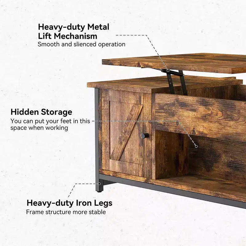 Lift Top Coffee Table with Hidden Storage, Drawers & Side Cabinet – Brown