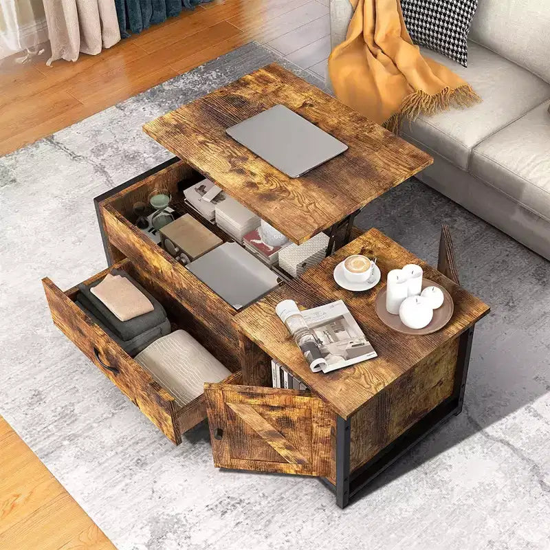Lift Top Coffee Table with Hidden Storage, Drawers & Side Cabinet – Brown