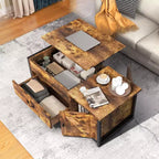 Lift Top Coffee Table with Hidden Storage, Drawers & Side Cabinet – Brown