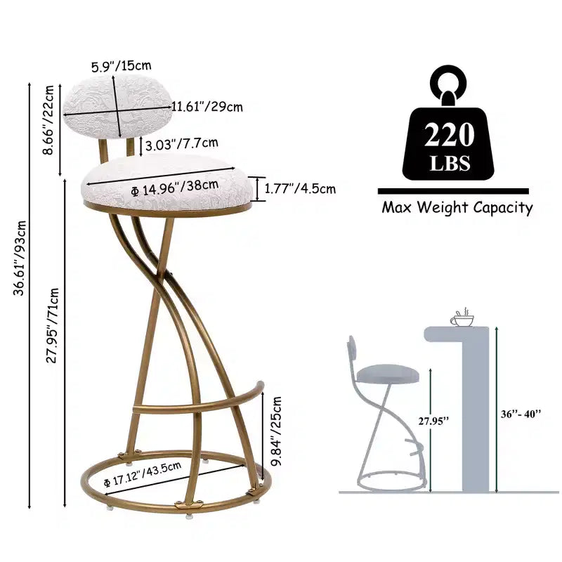 Upholstered Counter Height Bar Stools Set of 2 with Metal Frame and Footrest