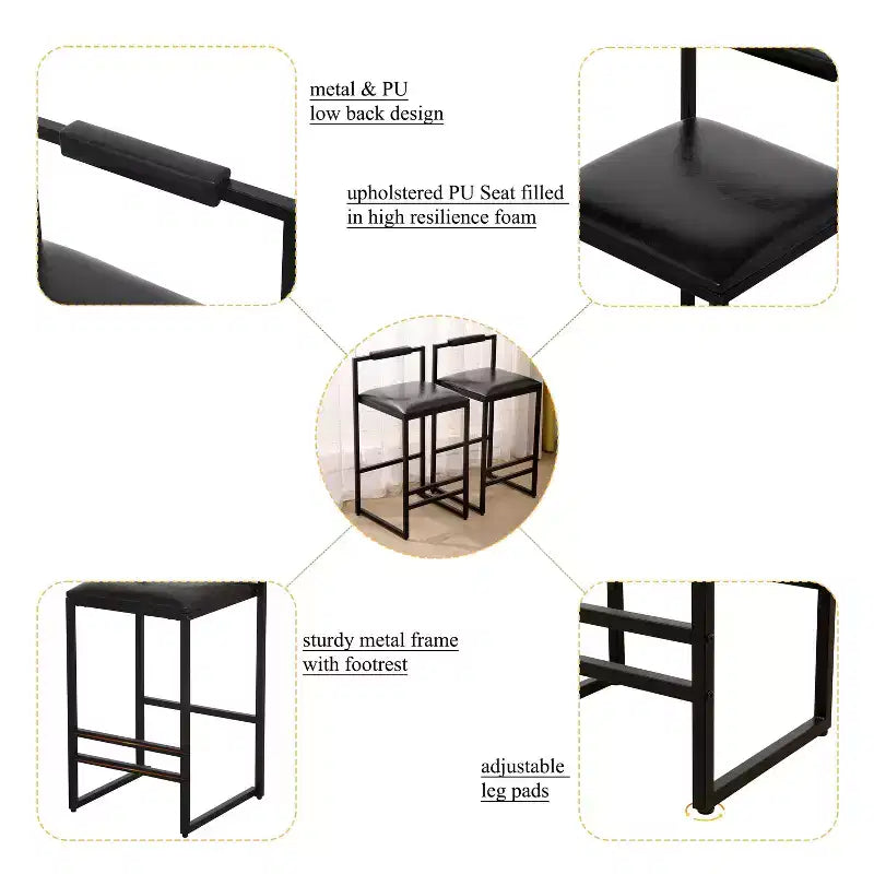 Bar Stools with Backrest Set of 2 - Counter Height, PU Upholstered, with Footrest
