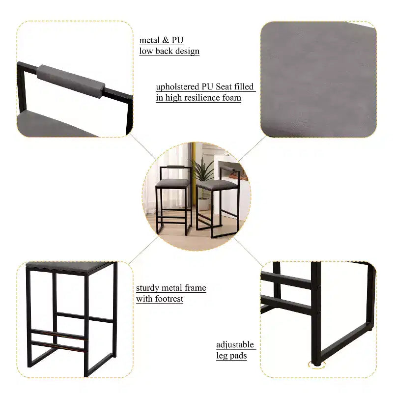 Bar Stools with Backrest Set of 2 - Counter Height, PU Upholstered, with Footrest