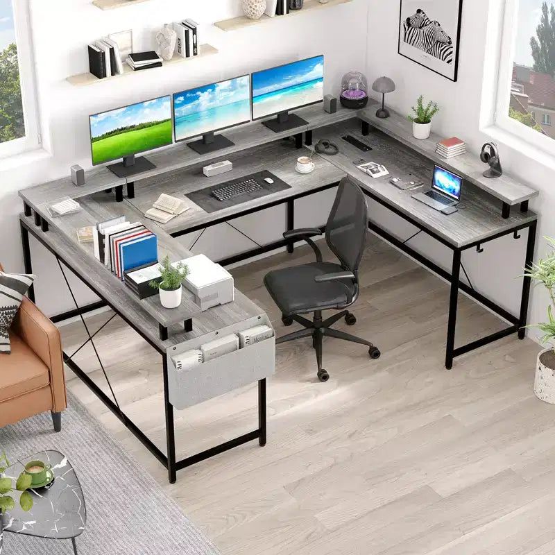 U Shaped Computer Gaming Desk with Monitor Stand and Storage Shelves