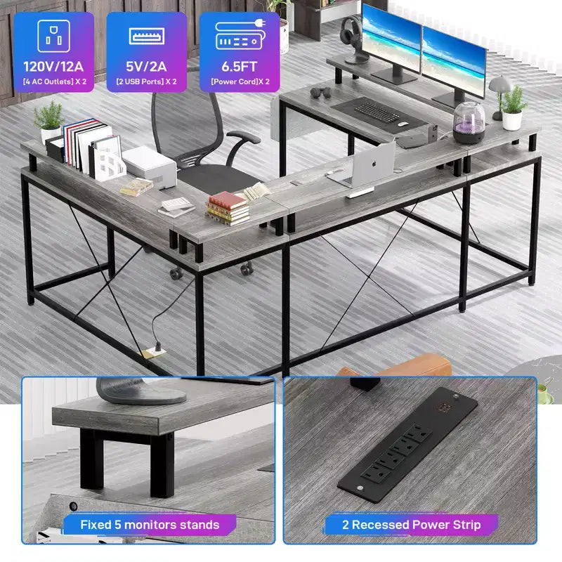 U Shaped Computer Gaming Desk with Monitor Stand and Storage Shelves