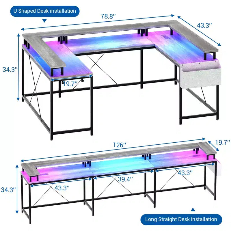 U Shaped Computer Gaming Desk with Monitor Stand and Storage Shelves