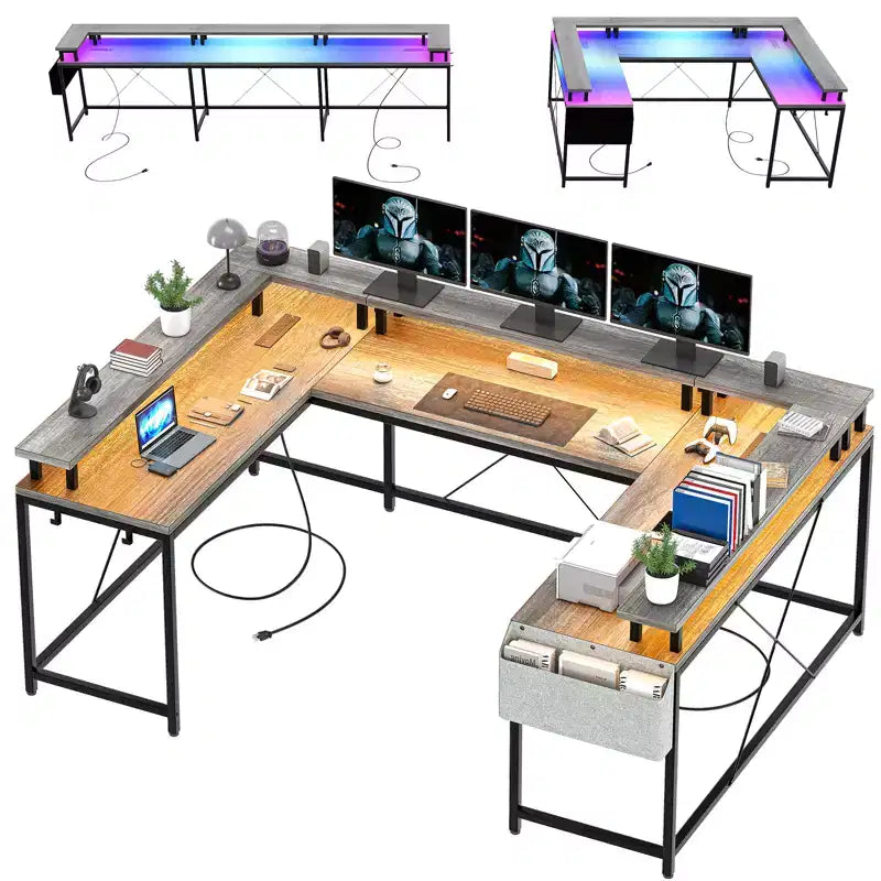 U Shaped Computer Gaming Desk with Monitor Stand and Storage Shelves