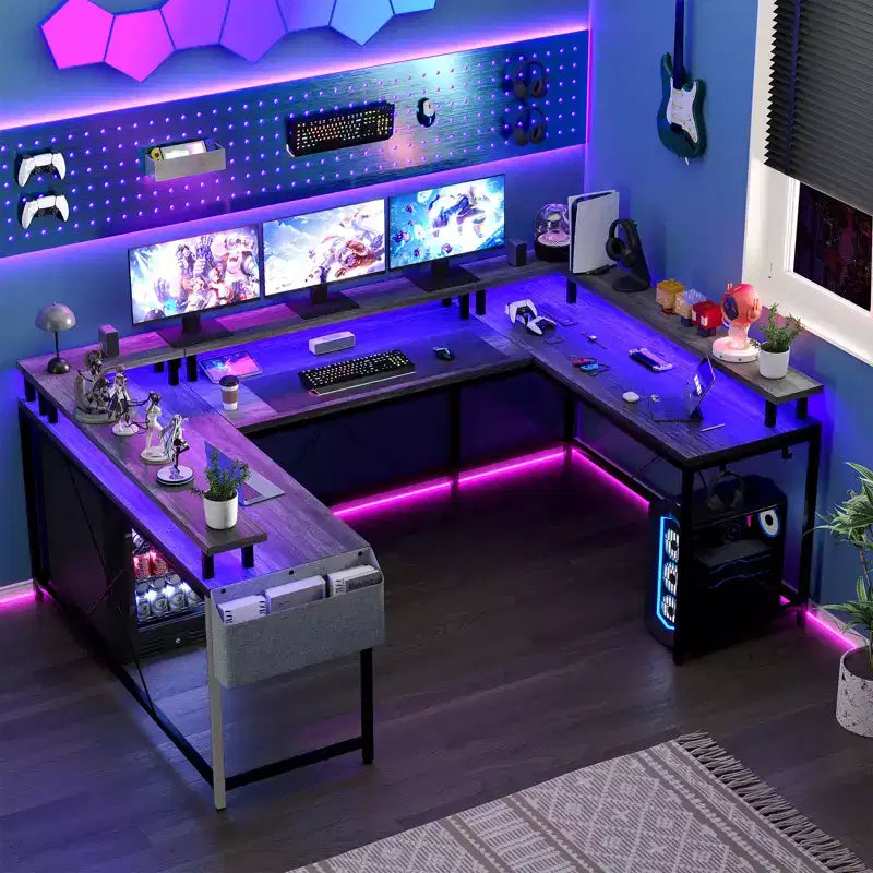 U Shaped Computer Gaming Desk with Monitor Stand and Storage Shelves