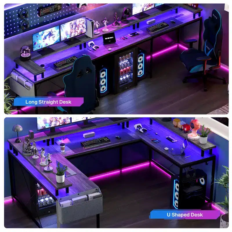 U Shaped Computer Gaming Desk with Monitor Stand and Storage Shelves