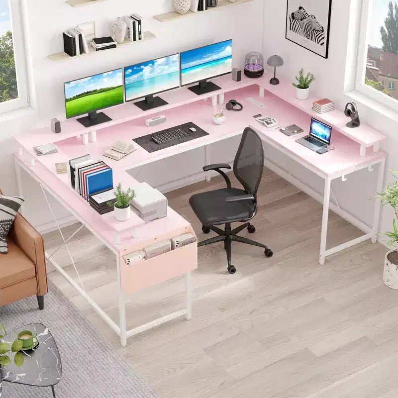 U Shaped Computer Gaming Desk with Monitor Stand and Storage Shelves