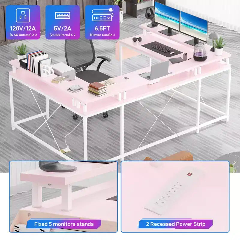 U Shaped Computer Gaming Desk with Monitor Stand and Storage Shelves