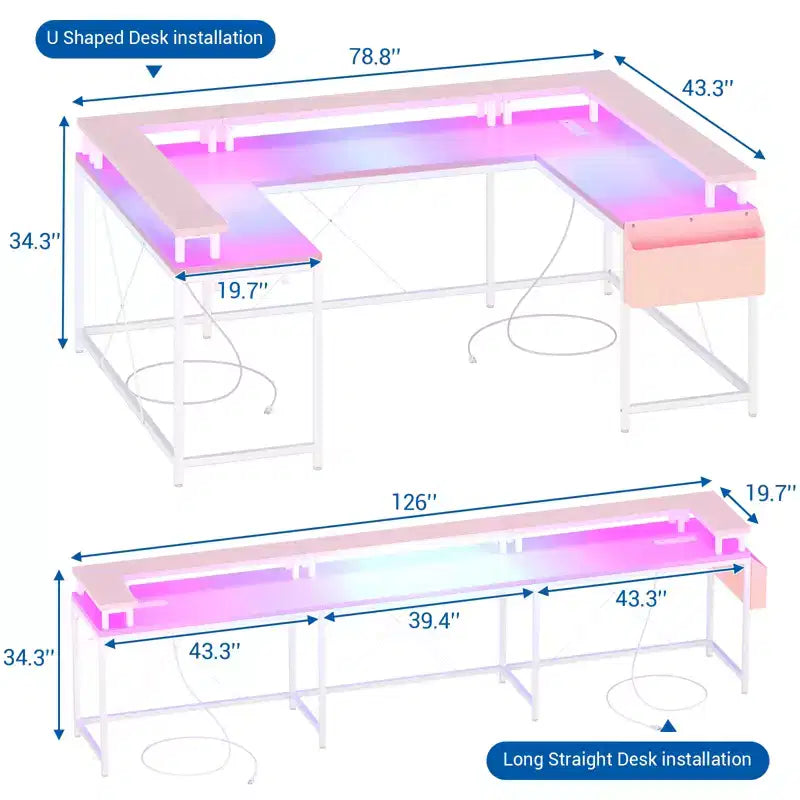 U Shaped Computer Gaming Desk with Monitor Stand and Storage Shelves
