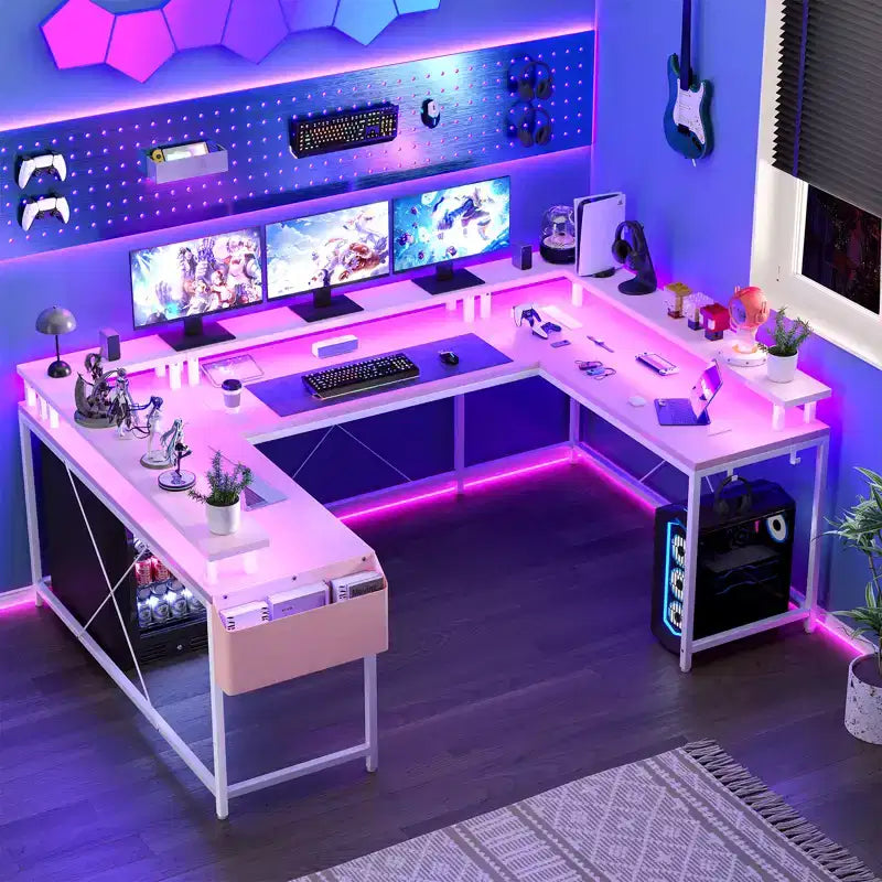 U Shaped Computer Gaming Desk with Monitor Stand and Storage Shelves