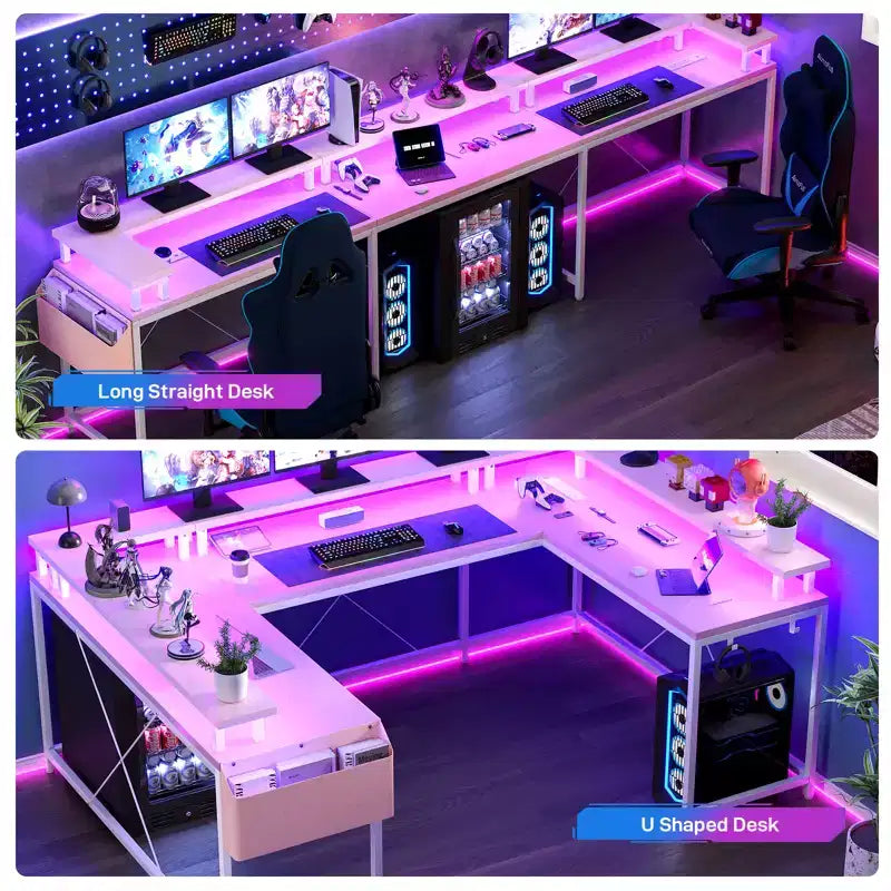 U Shaped Computer Gaming Desk with Monitor Stand and Storage Shelves