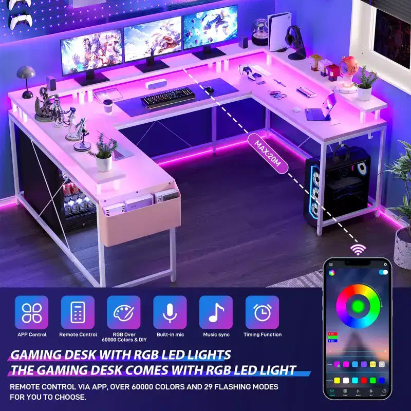 U Shaped Computer Gaming Desk with Monitor Stand and Storage Shelves