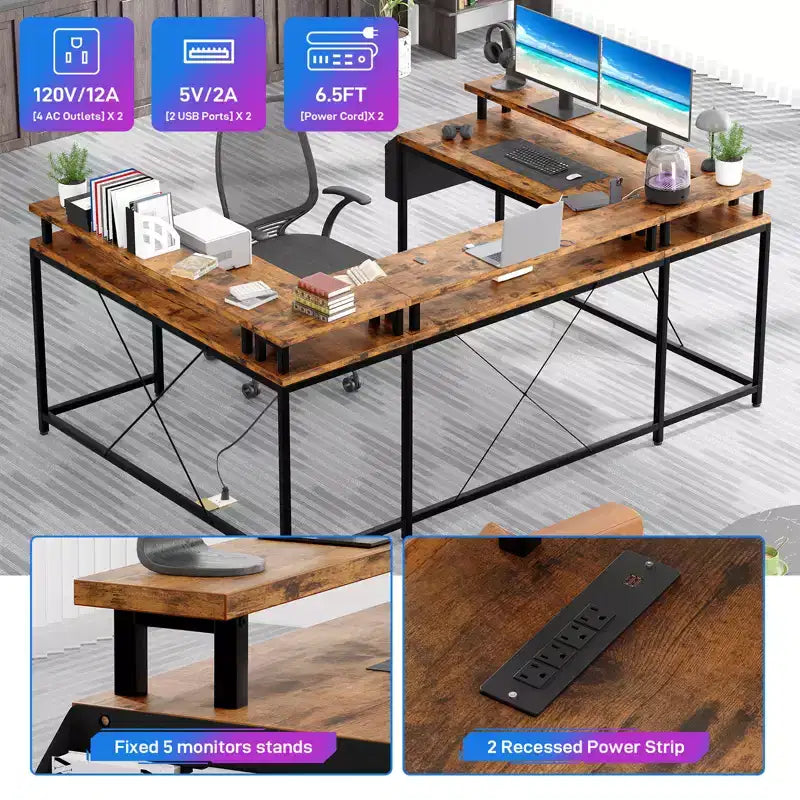 U Shaped Computer Gaming Desk with Monitor Stand and Storage Shelves