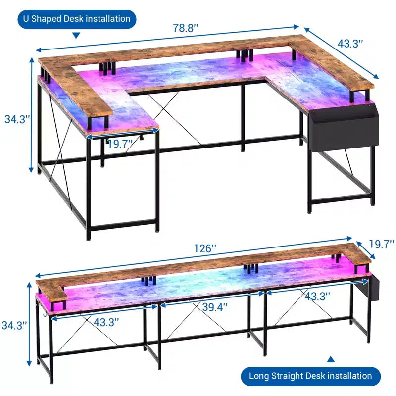 U Shaped Computer Gaming Desk with Monitor Stand and Storage Shelves