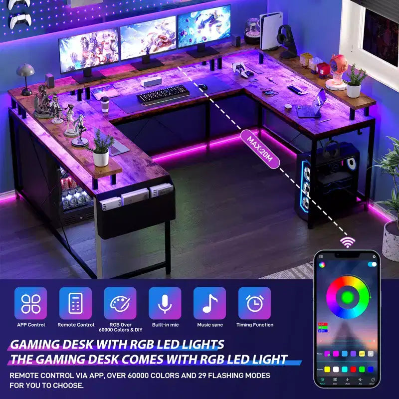 U Shaped Computer Gaming Desk with Monitor Stand and Storage Shelves