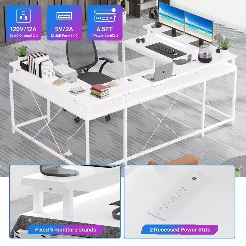 U Shaped Computer Gaming Desk with Monitor Stand and Storage Shelves