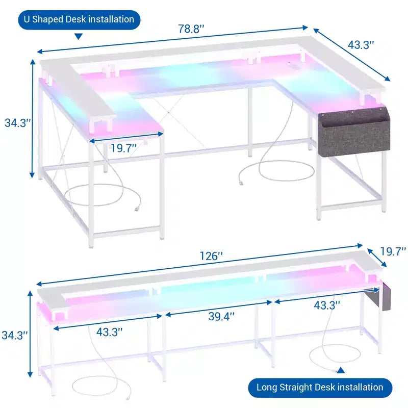 U Shaped Computer Gaming Desk with Monitor Stand and Storage Shelves