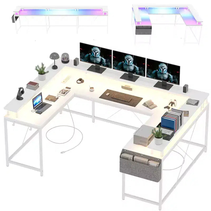 U Shaped Computer Gaming Desk with Monitor Stand and Storage Shelves
