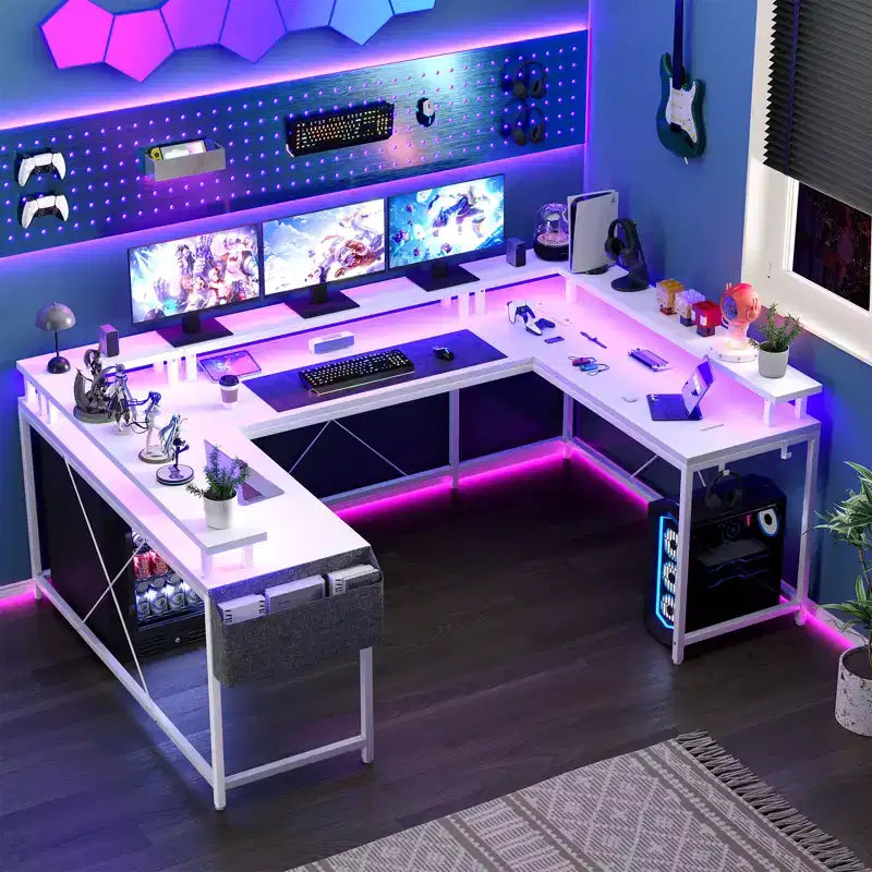 U Shaped Computer Gaming Desk with Monitor Stand and Storage Shelves
