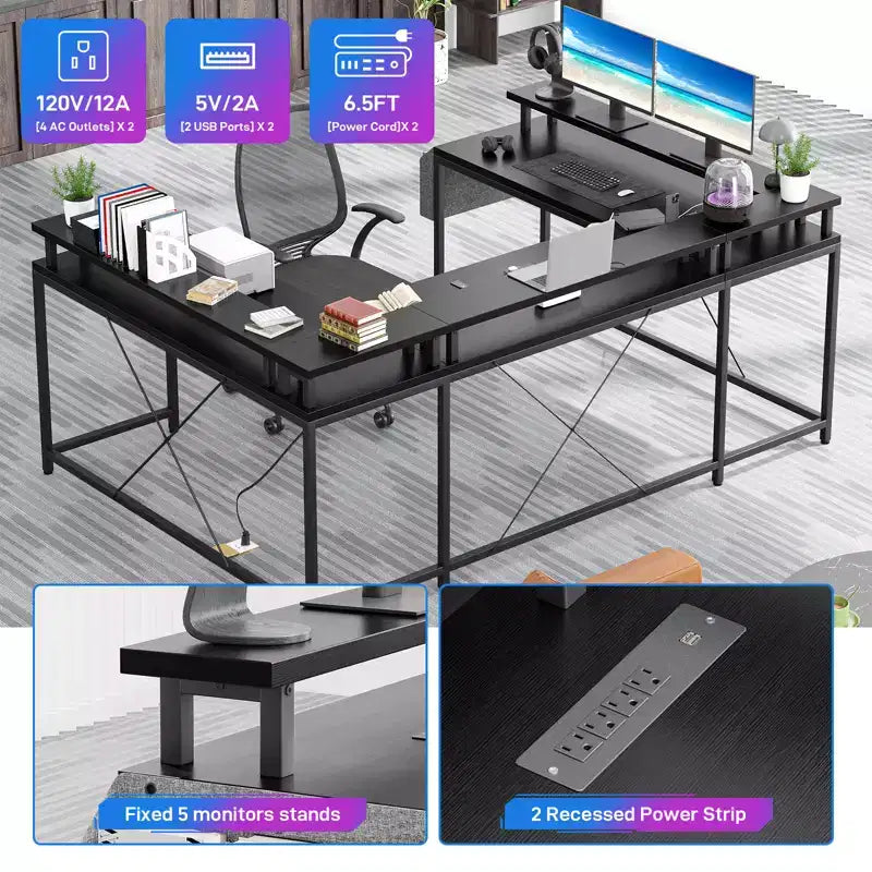 U Shaped Computer Gaming Desk with Monitor Stand and Storage Shelves