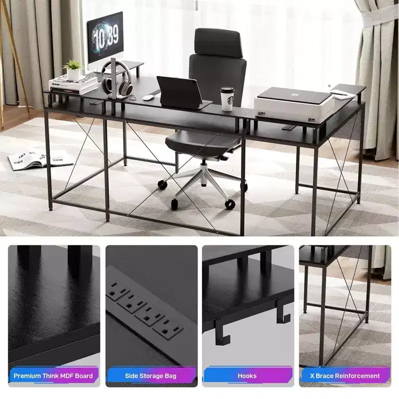 U Shaped Computer Gaming Desk with Monitor Stand and Storage Shelves