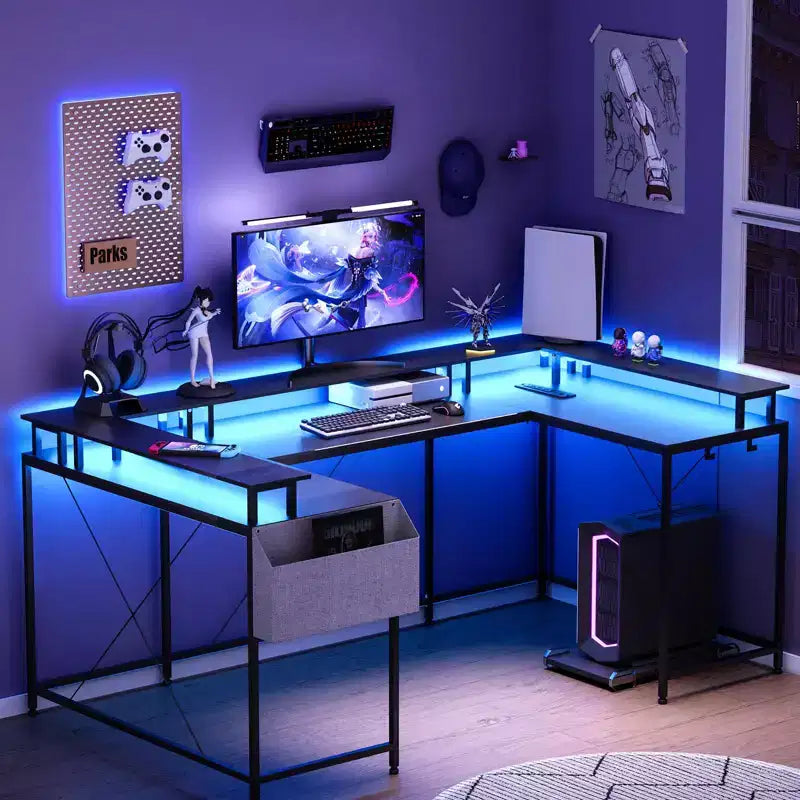 U Shaped Computer Gaming Desk with Monitor Stand and Storage Shelves