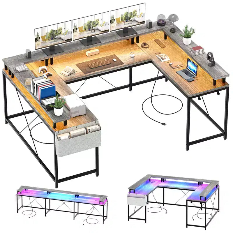 U Shaped Computer Gaming Desk with Monitor Stand and Storage Shelves