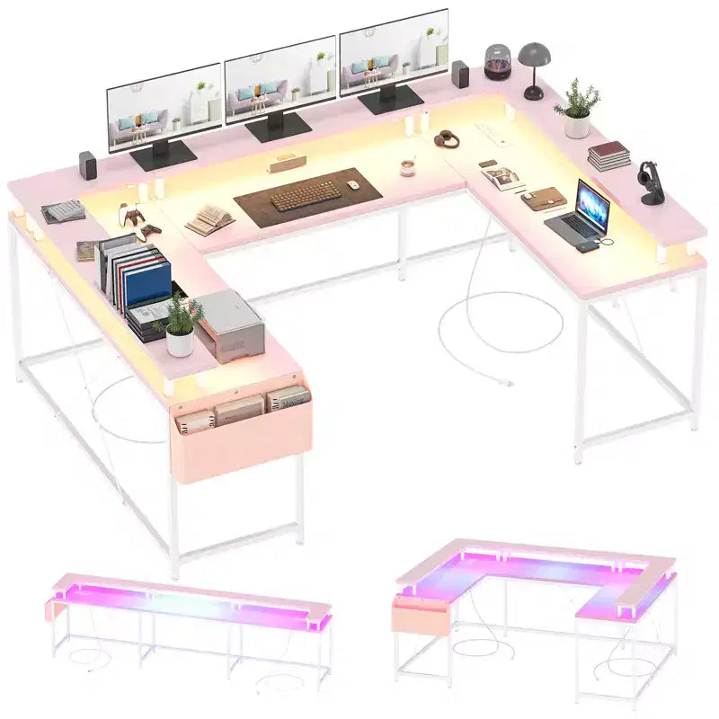 U Shaped Computer Gaming Desk with Monitor Stand and Storage Shelves