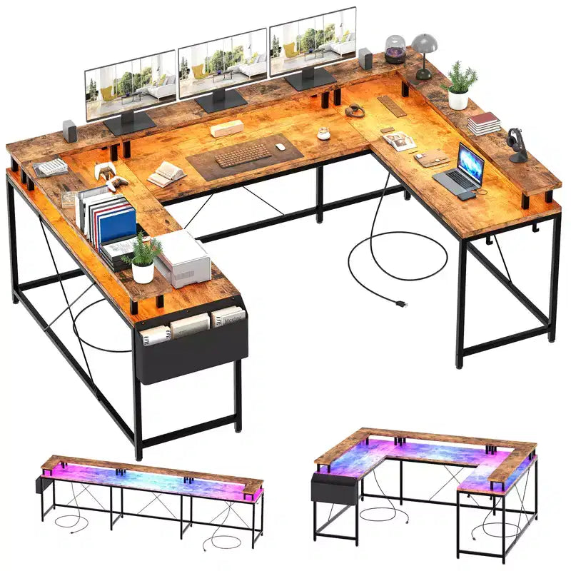 U Shaped Computer Gaming Desk with Monitor Stand and Storage Shelves