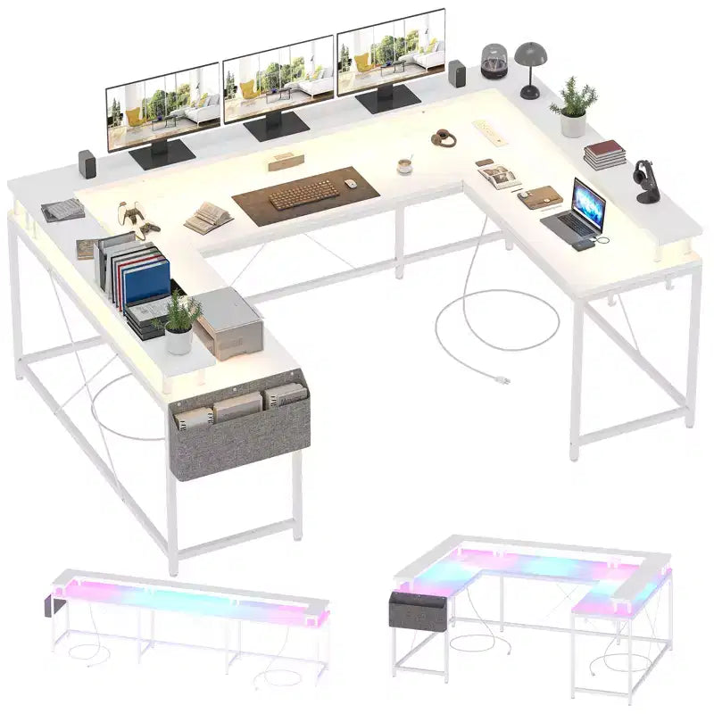 U Shaped Computer Gaming Desk with Monitor Stand and Storage Shelves