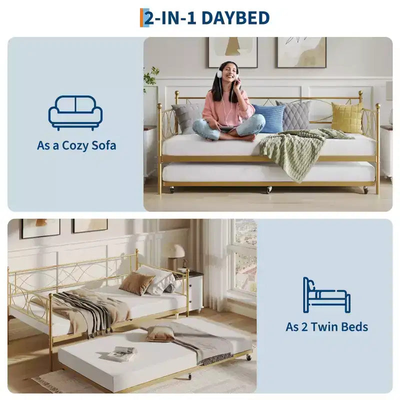 Twin Daybed with Trundle and Steel Slat Support