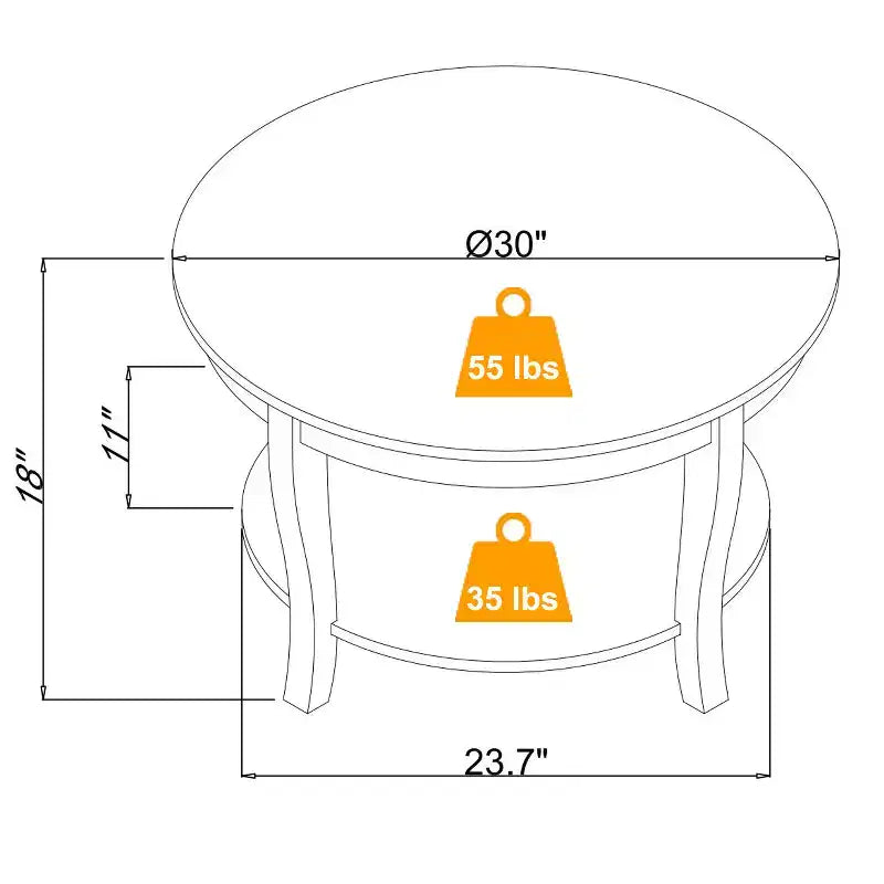 Round Coffee Table with 2-Tier Storage and Wooden Legs