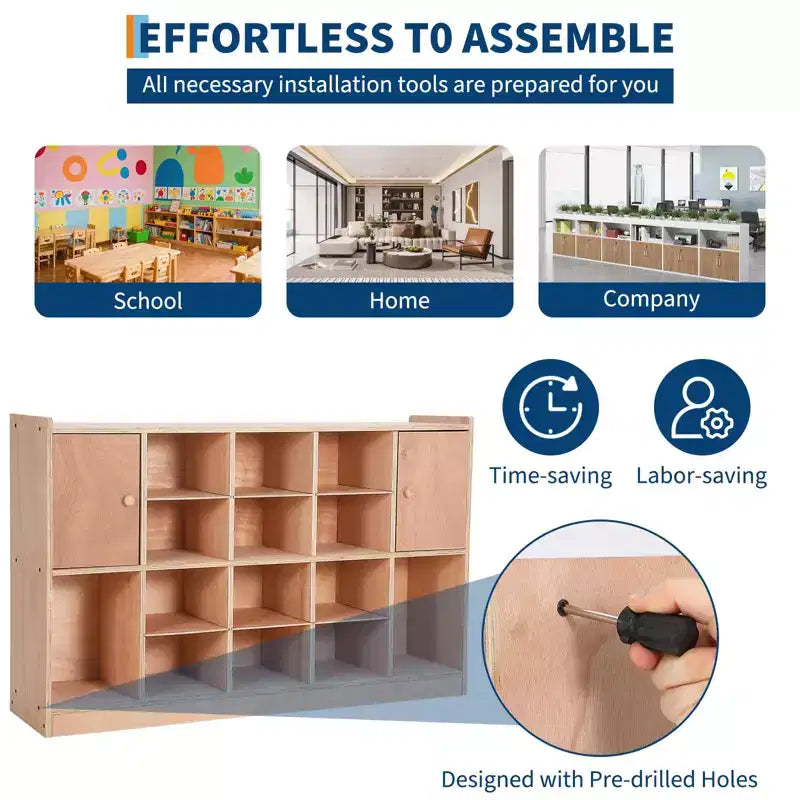 Wall-Mounted Cubby Storage Organizer with Hooks for Classroom and Home