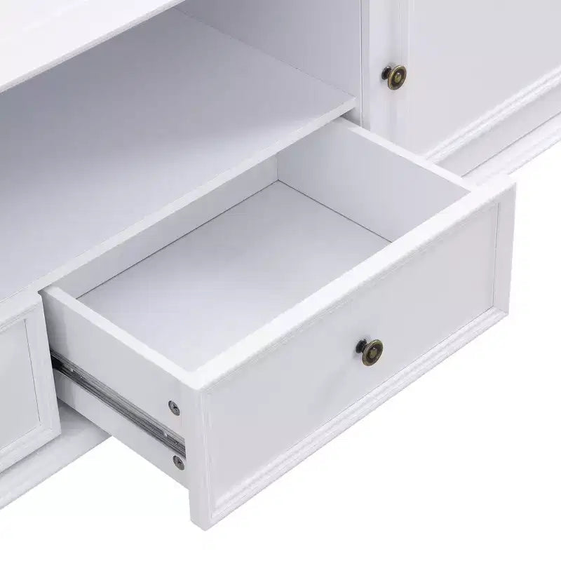 TV Stand for TVs up to 80 Inches with 2 Cabinets, 2 Drawers and Open Shelf, Black/White