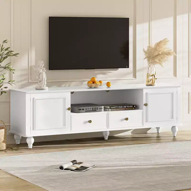 TV Stand for TVs up to 80 Inches with 2 Cabinets, 2 Drawers and Open Shelf, Black/White