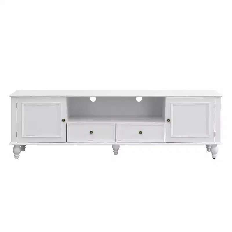 TV Stand for TVs up to 80 Inches with 2 Cabinets, 2 Drawers and Open Shelf, Black/White