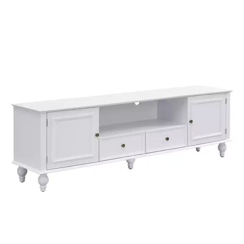 TV Stand for TVs up to 80 Inches with 2 Cabinets, 2 Drawers and Open Shelf, Black/White