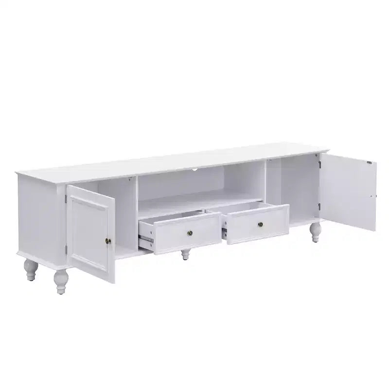 TV Stand for TVs up to 80 Inches with 2 Cabinets, 2 Drawers and Open Shelf, Black/White