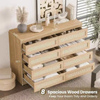 8 Drawer Dresser with Rattan Front, Wood Chest of Drawers for Bedroom