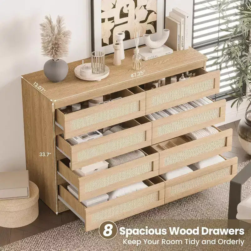 8 Drawer Dresser with Rattan Front, Wood Chest of Drawers for Bedroom