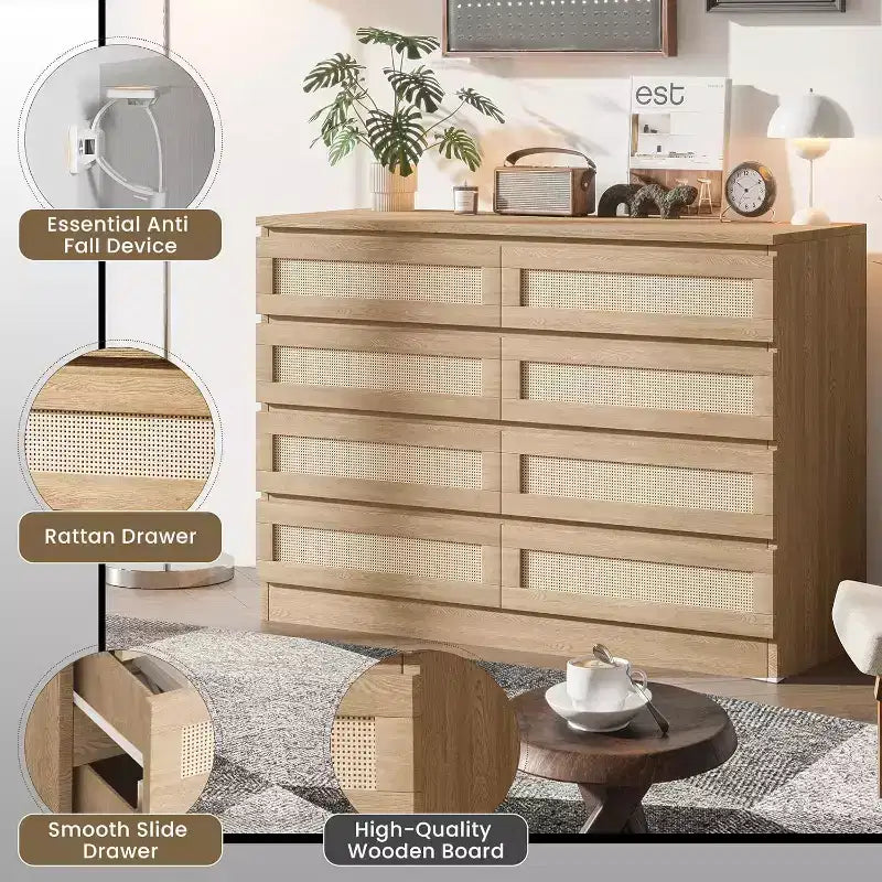 8 Drawer Dresser with Rattan Front, Wood Chest of Drawers for Bedroom
