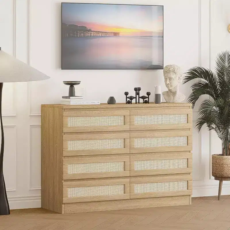 8 Drawer Dresser with Rattan Front, Wood Chest of Drawers for Bedroom