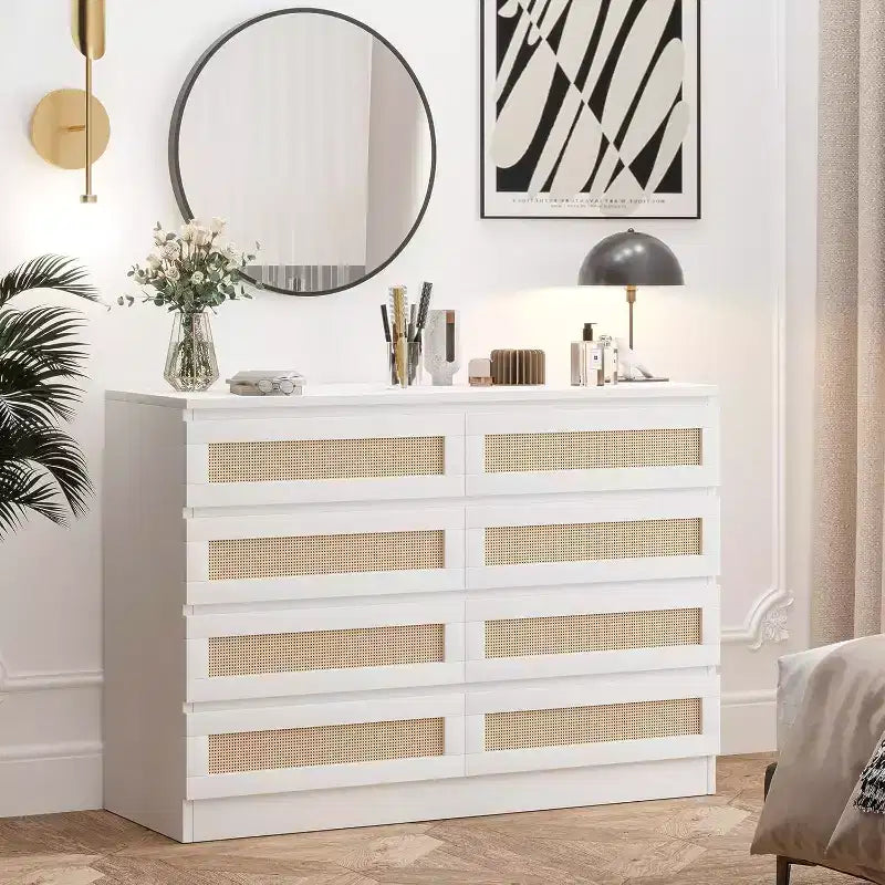 8 Drawer Dresser with Rattan Front, Wood Chest of Drawers for Bedroom