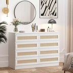 8 Drawer Dresser with Rattan Front, Wood Chest of Drawers for Bedroom