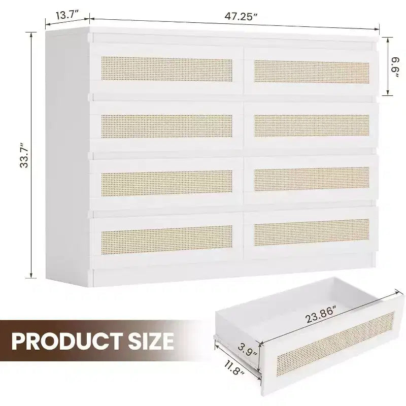 8 Drawer Dresser with Rattan Front, Wood Chest of Drawers for Bedroom