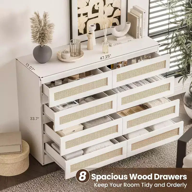 8 Drawer Dresser with Rattan Front, Wood Chest of Drawers for Bedroom