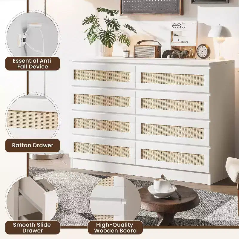 8 Drawer Dresser with Rattan Front, Wood Chest of Drawers for Bedroom